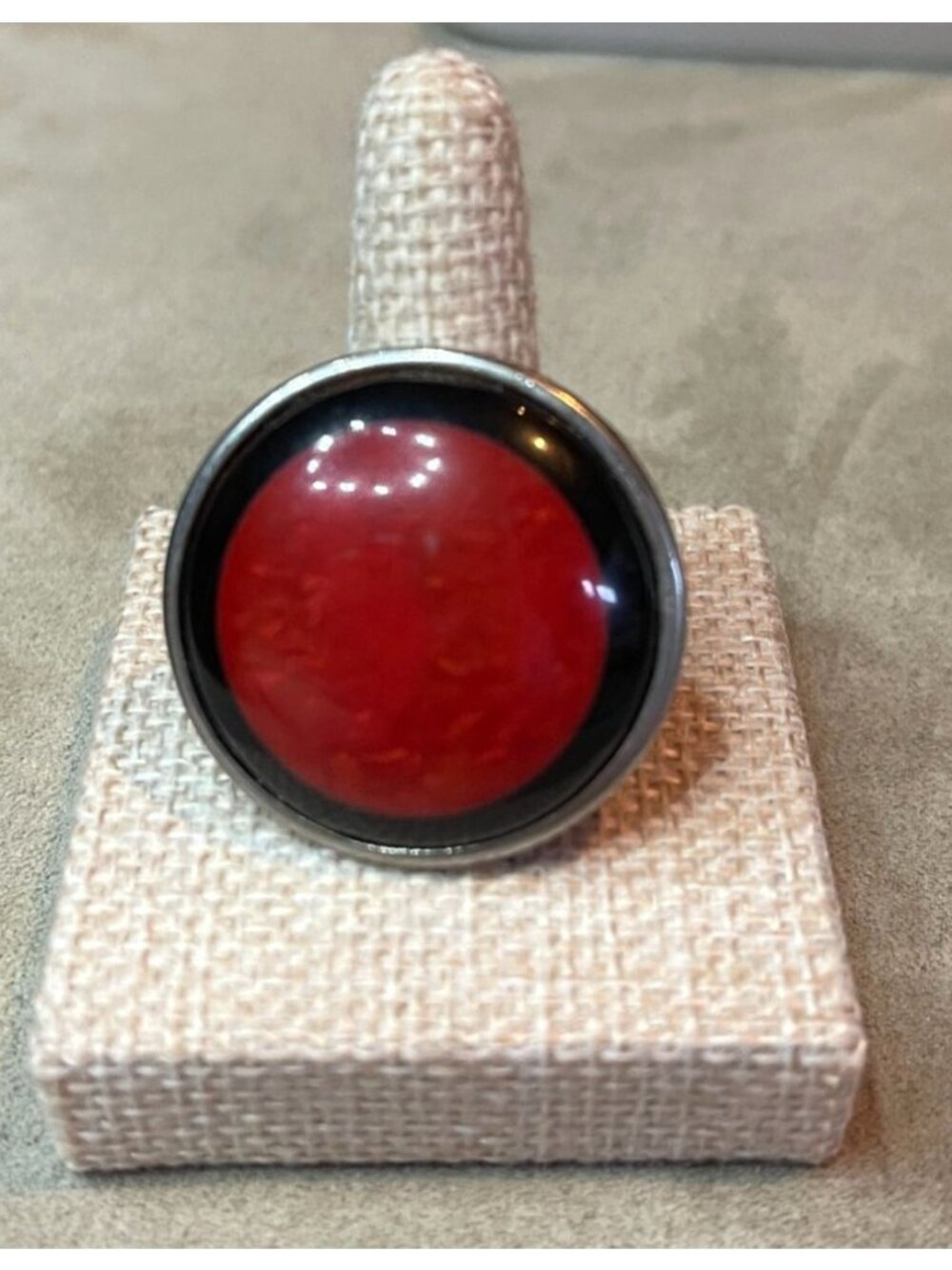 Vintage Lux Accessories Red Black Cabochon Silver Statement Ring Size 6.5